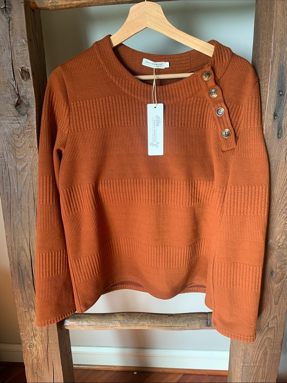 Roolee Rust Orange Button-Shoulder Ribbed Sweater